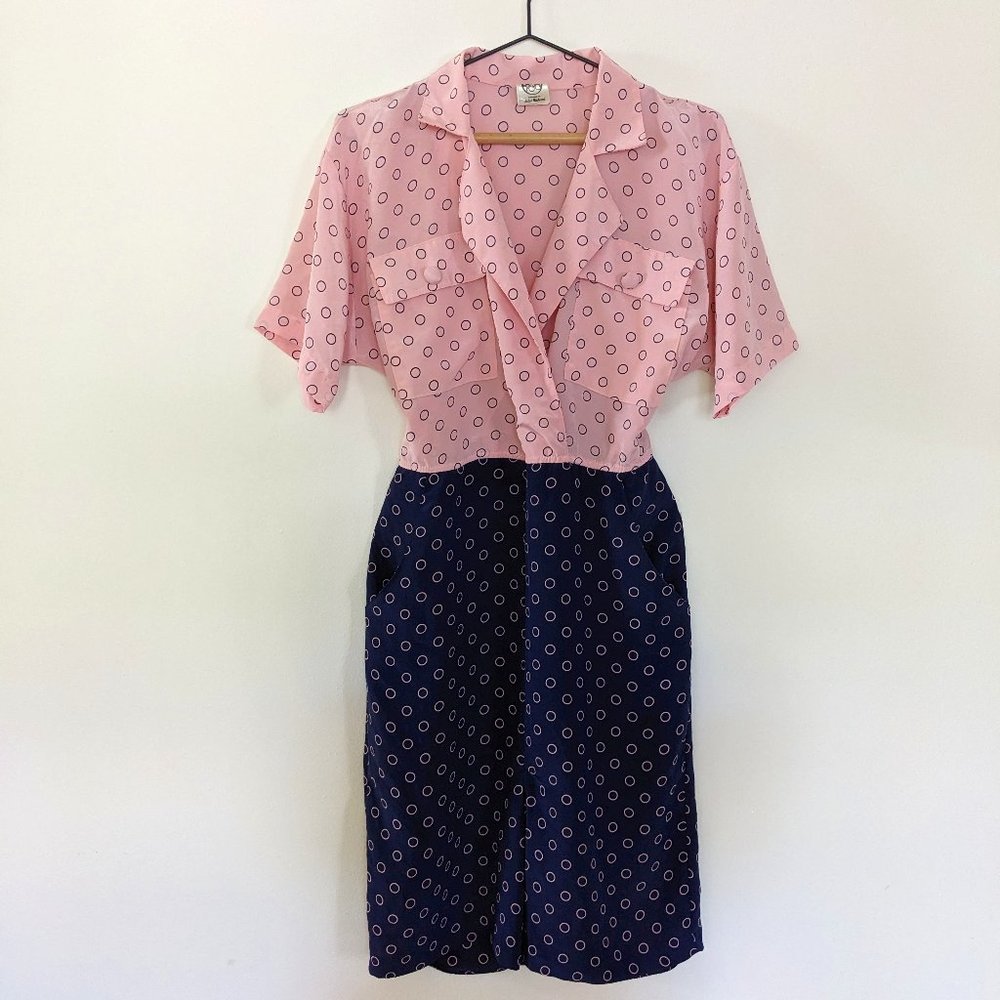 1980s Vintage Pink and Navy Dot Dress John Richard